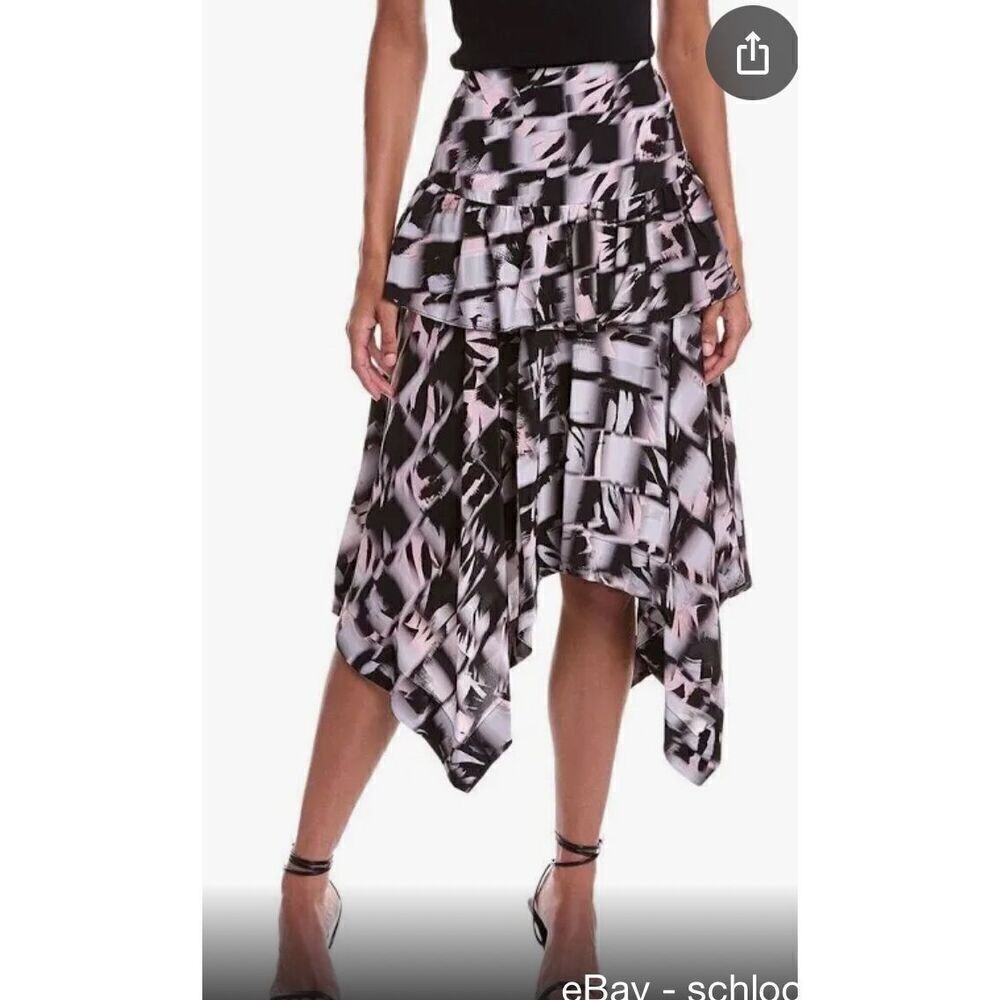 Jason Wu Abstract Print White Pink Black Silk Handkerchief Hem Skirt NWT Size 12